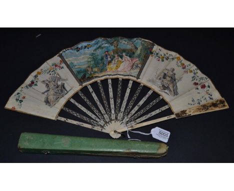 A Bright and Detailed Ivory Fan, circa 1780, the vellum leaf mounted à l'Anglaise and featuring not only a colourful central 