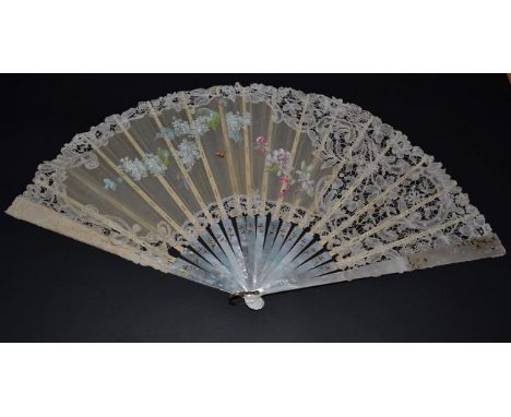 A Large Brussels Bobbin Lace Fan, the lace enclosing a white gauze panel painted with lilac, pink blossom, and a single bee s
