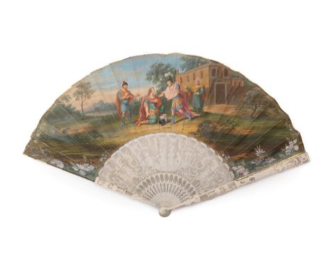 An 18th Century Ivory Fan, the skin leaf mounted à l'Anglaise and painted with a scene of a son kneeling before his father, b