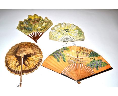 A 20th Century Fan in fontange form, the cream cotton painted with a big, blousy poppy and light green leaves. The monture, o