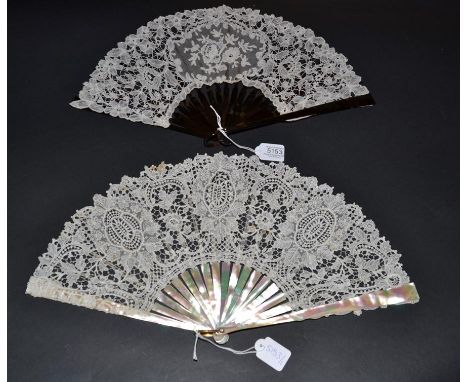 Two Attractive Lace Fans, first quarter of the 20th century, the first with mother-of-pearl monture in shades of green and pi