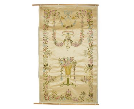 A Very Pretty 19th Century Hanging worked with a mix of ribbon work and tambour in silk thread, on a cream silk satin panel. 