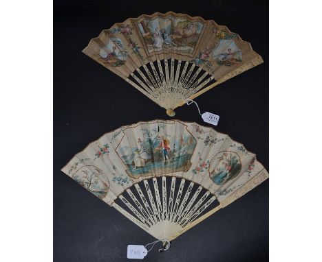 An 18th Century Ivory Fan, the vellum leaf mounted à L'Anglaise, the upper guards carved with a profile of a lady to the rect