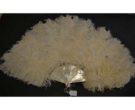 Two Ostrich Feather Fans, one from the late 19th century with white plumes, the other early 20th century with long feathers s