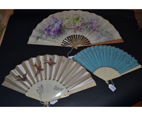 An Attractive, Large 1890's Cream Gauze Fan painted with branches of lilac blossom in shades of purple and white blooms with 