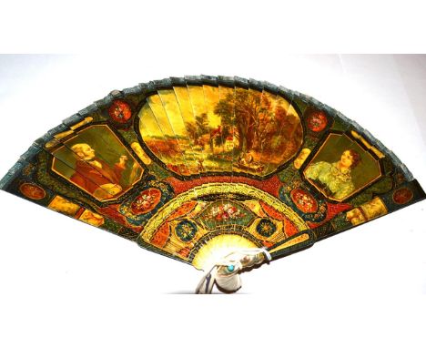 Portrait of Constable: A Small 19th Century Vernis Martin-Style Painted Ivory Brisé Fan, the central cartouche showing a rura