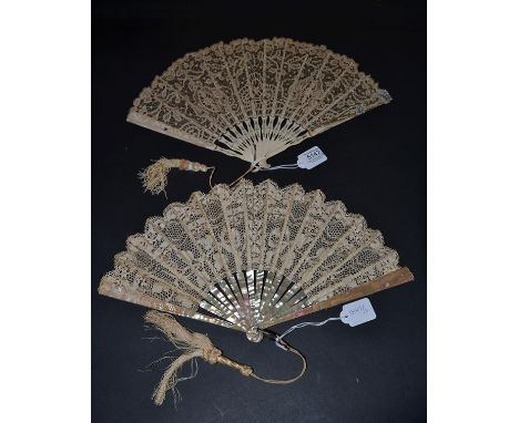 Two Early 20th Century Lace Fans, the first of plain pink mother-of-pearl, bone ribs supporting a cream silk leaf of Maltese 