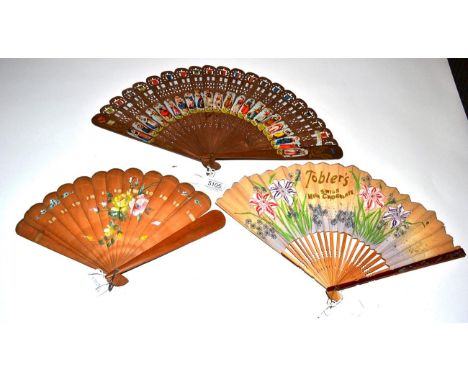 A 19th Century Wood Brisé Fan, with colourful applied printed panels showing the costumes of the Swiss cantons. The dark wood