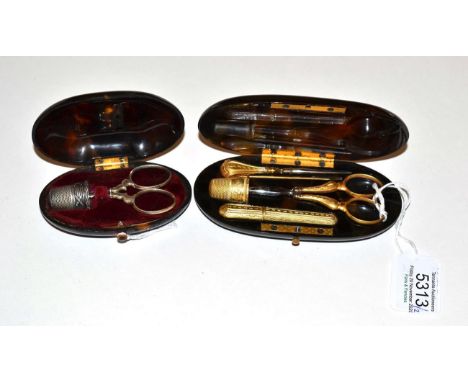 Two Fine Tortoiseshell Étuis, of oval form, the first lined in ruby velvet and fitted to contain a miniature pair of embossed