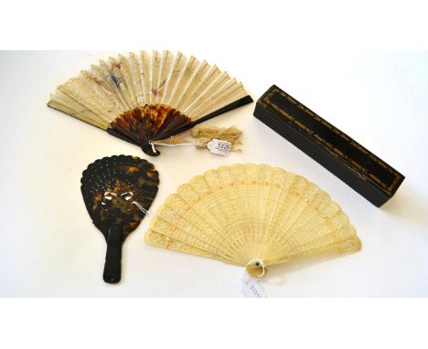 An Early 20th Century Chinese Fan, the sticks and ribs of tortoiseshell, the cream gauze leaf embroidered in pastel silks wit