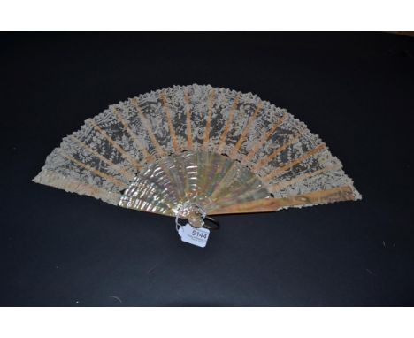 A Late 19th Century Pink Mother-of-Pearl Fan, the monture unadorned, the needle lace leaf of Brussels Point de Gaze with a de