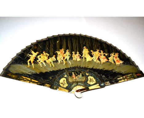 A 19th Century Ivory Brisé Fan, painted in strong dark colours, much of the background in black with colour to the guards and