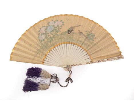 A Good Japanese Folding Fan, Ogi, circa 1870's, Meiji period, with ivory monture, the guards decorated with gold lacquer, fea