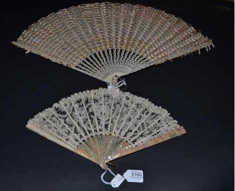 Two Late 19th/Early 20th Century Fans, the first a small pink mother-of-pearl example, a Brussels/Bruges bobbin lace leaf mou