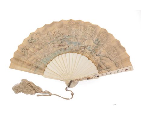 A Good, Large Late 19th Century Japanese Ivory Fan, Ogi, the gorge plain but the guards with unusual shibayama inlays, and go