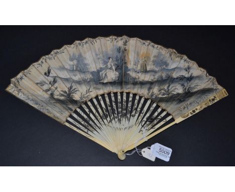 A Circa 1730 Ivory Fan, the vellum leaf a l'Anglaise and painted in gouache en grisaille, showing a maiden, seated in the gro