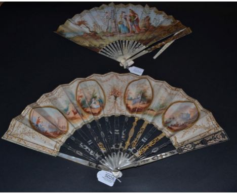 A Good Mid-18th Century Ivory Fan, the monture of white mother-of-pearl, silvered and gilded. The upper guard features a larg