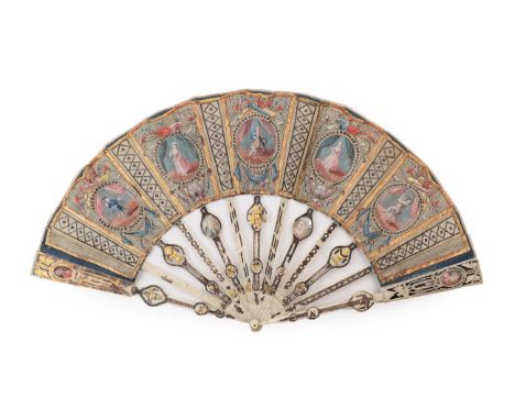 Portraits: A Fine Mid-18th Century Ivory Fan with elaborately shaped monture, designed to coordinate with the design on the l