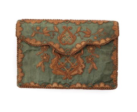 An Extremely Rare Mid-Green Silk Letter Case, final quarter of the 1700's to the beginning of the 1800's, exquisitely embroid