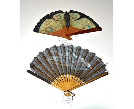 A Moth/ Butterfly Fan and A Seagull Fan: Two Novelty Fans, the first a wood brisé, the guards polished, the inner sticks pain