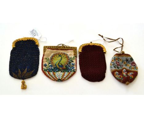 A Good 19th Century Coin Purse with substantial gold metal frame, the woven bead design one of a peacock with tail feathers f