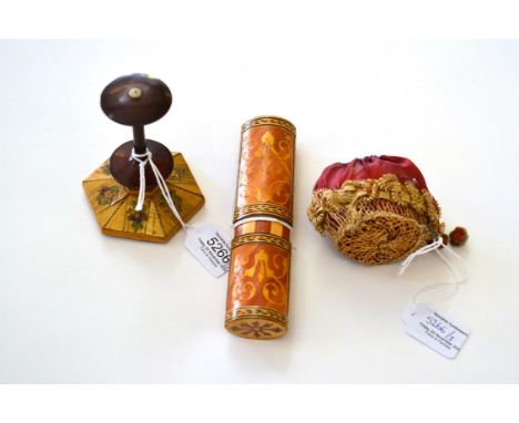 Three Good 19th Century Straw Items for Sewing Purposes, to include a tiny 1840-1890's reticule formed as a basket, the upper