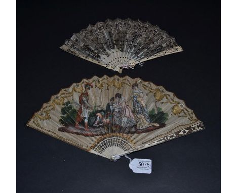 A Regency Ivory Fan with tiny gorge, gilded and silvered, the barrel head finished with diamanté. Two ladies in regency gowns