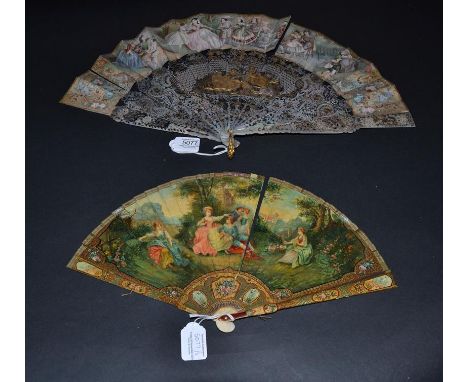 A Mid-19th Century Mother-of-Pearl Fan with deep and heavy gorge, the double paper leaf a hand coloured lithograph showing an