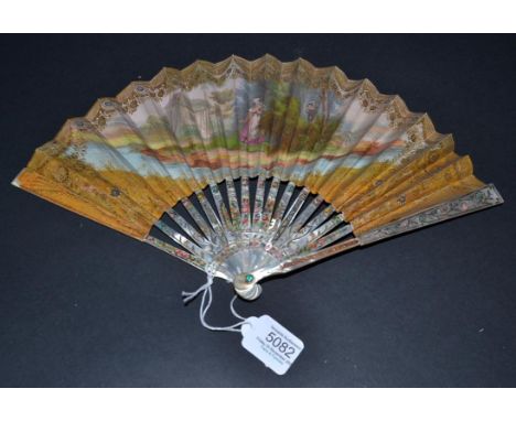 A Very Pretty Early 19th Century Fan, the monture of white mother-of-pearl, silvered, gilded, with coloured floral designs to