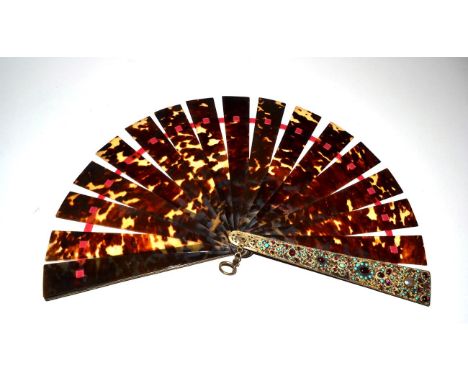 A Good Solid Century 1880's Tortoiseshell Brisé Fan with the addition of pierced gilded metal guards adorned with mother-of-p