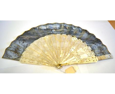 A Mid-19th Century Fan with deep and heavy mother-of-pearl monture, intricately carved and pierced, with no additional decora