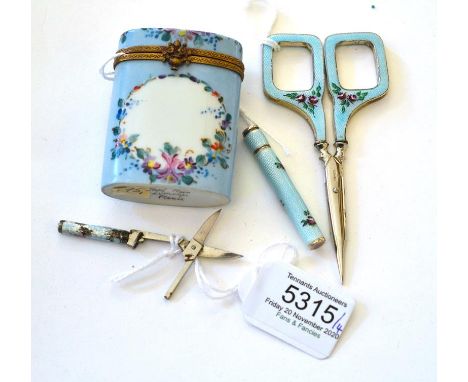 A Turquoise Enamel Case, Limoges, hand painted with flowers and marked as such underneath. Together with A Pair of Scissors a