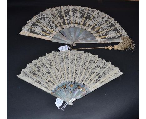 A Late 19th Century White Mother-of-Pearl Fan with bone ribs, the leaf of Brussels Bobbin Appliqué, the design featuring thre