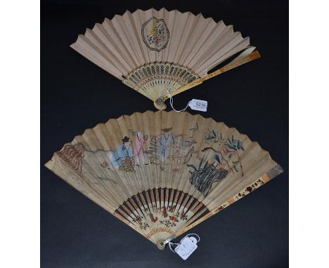 A Good Early to Mid-18th Century Chinese Painted Ivory Folding Fan, Qing Dynasty, the simple monture with mother-of-pearl tip