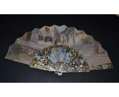 A Late 19th Century Painted Fan, the ornate and substantial gorge perhaps indicating origins in Spain, complementing the scen