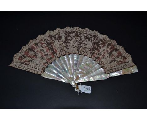 A Circa 1860's Green/Pink Mother-of-Pearl Fan (Burgau), with very attractive engraving to the monture, a shaped gold metal lo