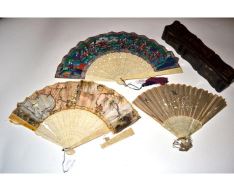 A Large 19th Century Chinese Mandarin Fan with carved ivory monture, and fitted box. The guards are deeply carved, the gorge 