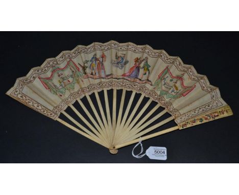 An Unusual French Revolutionary Period Riddle Fan, the monture of bone, with some light carving and painting to the upper gua