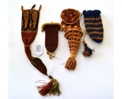 Four 19th Century Purses of different forms, comprising a reticule worked in ginger with pale orange embroidery, mixed silk t