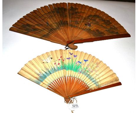 Japan, 19th Century, A Large Wood Brisé Fan painted to the recto with a distant view of Mount Fuji, workers in the fields to 