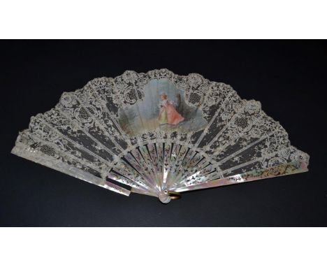 A Very Light and Pretty White Machine Lace Fan, replicating Brussels Point de Gaze design, enclosing a central painted and si