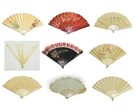 A Selection of Large Late 19th Century Fans, to include: a good cream silk satin folding fan mounted on bone, the monture inc