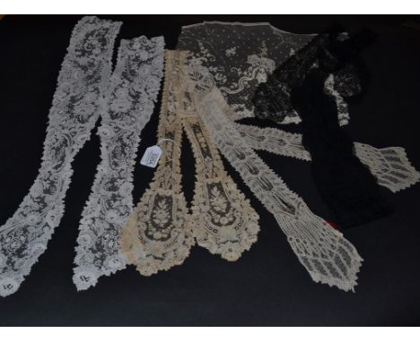 Antique Lace, all 19th century: A Brussels Point de Gaze needle lace long, shaped collar, roses with tiered petals all along 