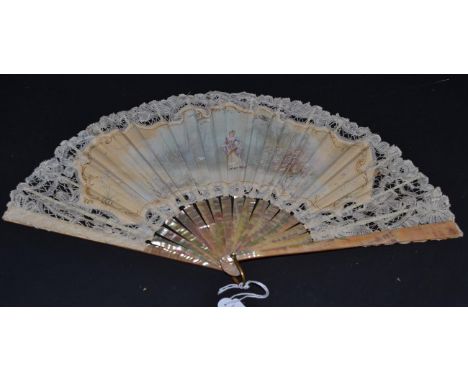 A First Quarter 20th Century Fan, the monture an attractive pink Mother of Pearl, the leaf, mounted à l'Anglaise consisting o