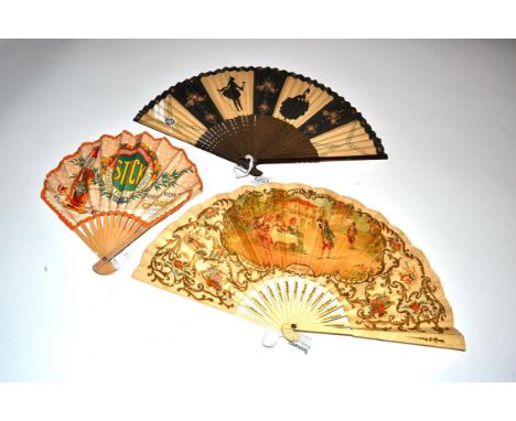 A 20th Century Advertising Fan for Scott's Restaurant designed with two printed panels of an 18th century couple in silhouett