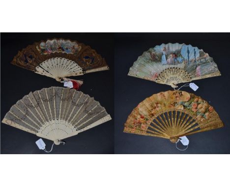 Four Decorative Fans of Different Styles, the first circa 1900, being of cream gauze embroidered with silver sequins and span