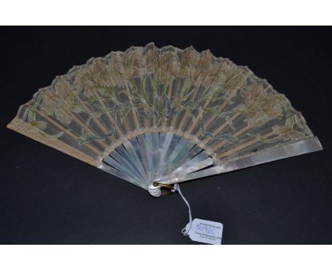 An Early 20th Century White Mother-of-Pearl Fan, the leaf of silk net, embroidered overall with carnations formed with pearli