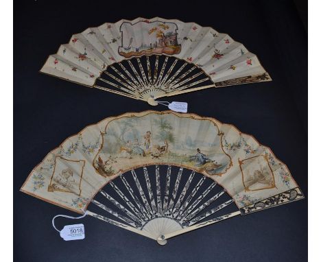 An Attractive Mid-18th Century Ivory Fan, the upper guards carved and pierced quite elaborately in a vertical panel, silvered