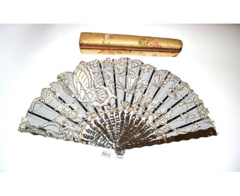 A Good Circa 1900-1910 Brussels Bobbin Lace Fan, the leaf with a background of black net, applied with six exquisitely worked