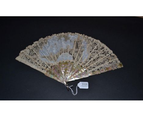 An Unusual Pale Pink Mother-of-Pearl Fan, dated 21.8.1911, mounted with a mixed Brussels lace leaf, the needle lace of partic